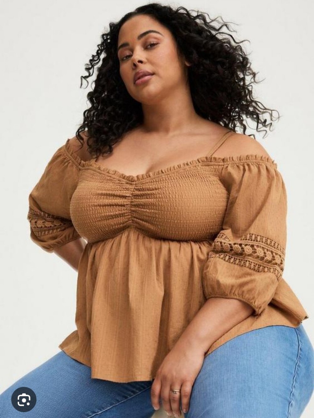 284-Torrid Tan Off-Shoulder Smocked Peasant Top‎